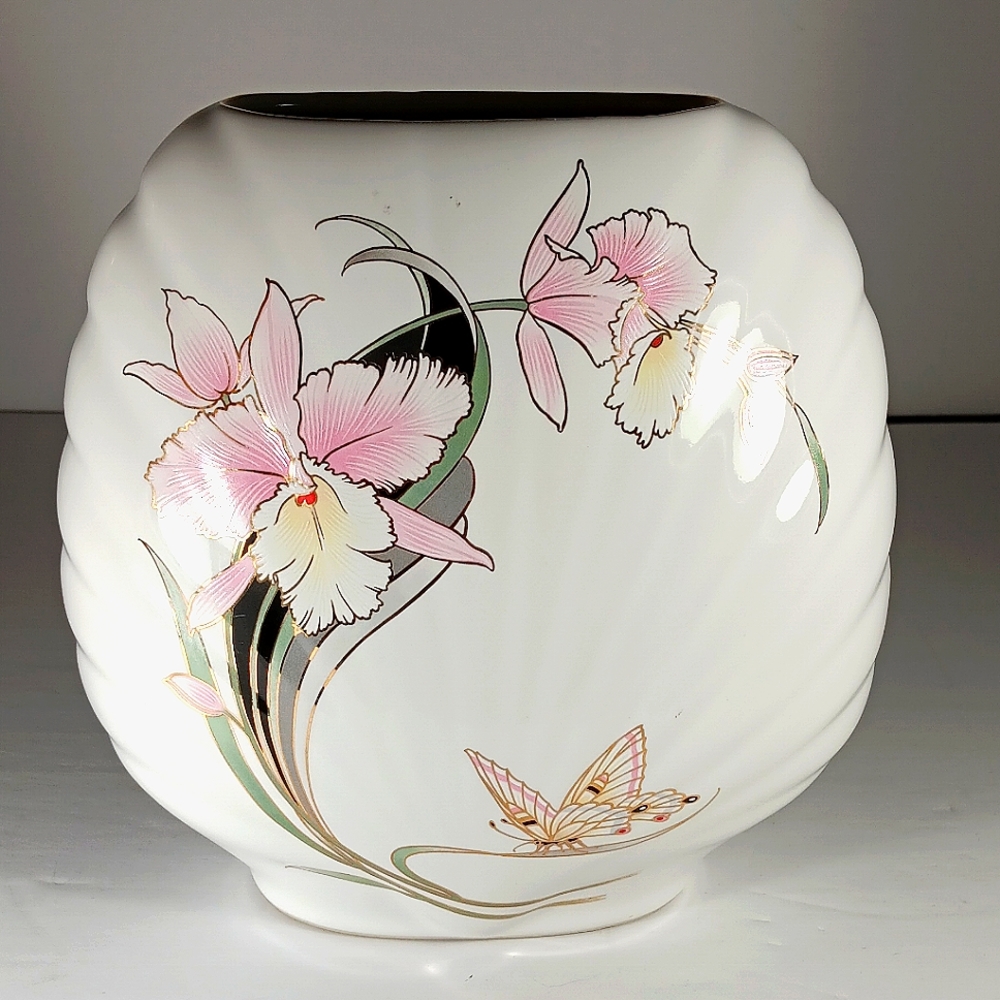 Orchid and Butterfly Vintage Floral Vase